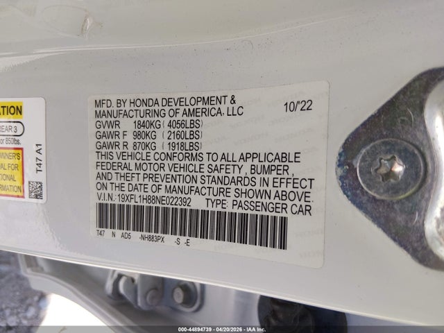 Aukcja sprzedaży 2022 Honda Civic Sport Touring, vin: 19XFL1H88NE022392, numer aukcji: 44894739