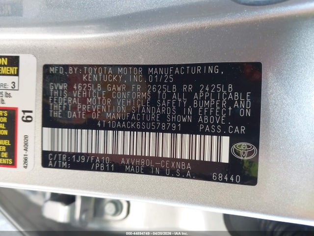 Продаж на аукціоні авто 2025 Toyota Camry Le, vin: 4T1DAACK6SU578791, номер лоту: 44894749