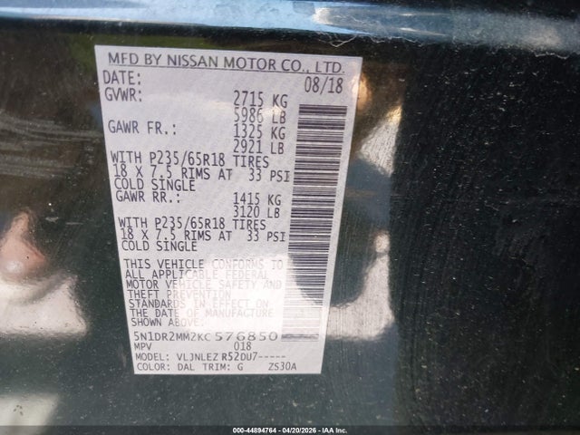 44894764 :رقم المزاد ، 5N1DR2MM2KC576850 vin ، 2019 Nissan Pathfinder Sv مزاد بيع