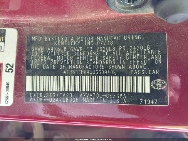 44894767 :رقم المزاد ، 4T1B11HK4JU660940 vin ، 2018 Toyota Camry Se مزاد بيع