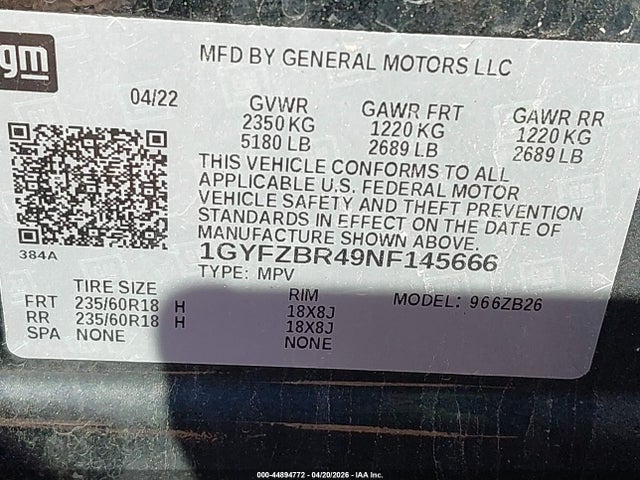 44894772 :رقم المزاد ، 1GYFZBR49NF145666 vin ، 2022 Cadillac Xt4 Awd Luxury مزاد بيع