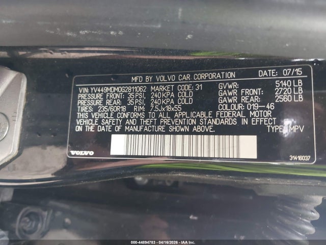 44894783 :رقم المزاد ، YV449MDM0G2811062 vin ، 2016 Volvo Xc60 T6 Drive-e Platinum مزاد بيع