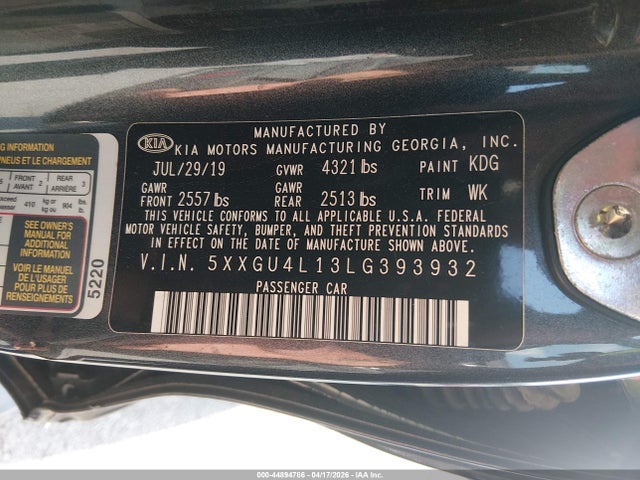 Aukcja sprzedaży 2020 Kia Optima Ex Premium, vin: 5XXGU4L13LG393932, numer aukcji: 44894786