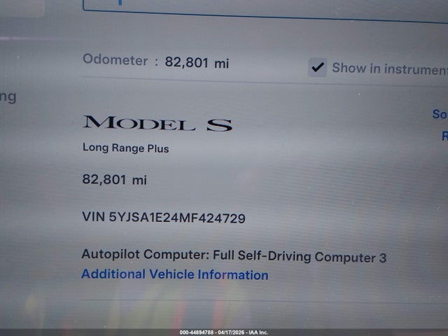 2021 Tesla Model S Long Range Dual Motor All-wheel Drive/long Range Plus Dual Motor All-wheel Drive მანქანა იყიდება აუქციონზე, vin: 5YJSA1E24MF424729, აუქციონის ნომერი: 44894788
