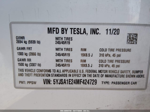 2021 Tesla Model S Long Range Dual Motor All-wheel Drive/long Range Plus Dual Motor All-wheel Drive მანქანა იყიდება აუქციონზე, vin: 5YJSA1E24MF424729, აუქციონის ნომერი: 44894788