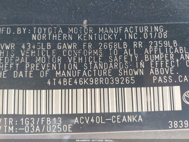 2008 Toyota Camry Le მანქანა იყიდება აუქციონზე, vin: 4T4BE46K98R039265, აუქციონის ნომერი: 44894791