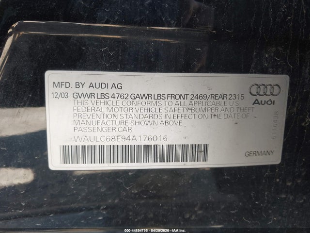 Продажа на аукционе авто 2004 Audi A4 1.8t, vin: WAULC68E94A176016, номер лота: 44894795
