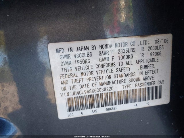 2006 Acura Tsx მანქანა იყიდება აუქციონზე, vin: JH4CL968X6C038220, აუქციონის ნომერი: 44894812