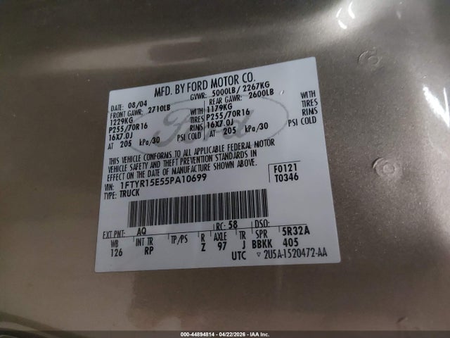 44894814 :رقم المزاد ، 1FTYR15E55PA10699 vin ، 2005 Ford Ranger Edge/xl/xlt مزاد بيع