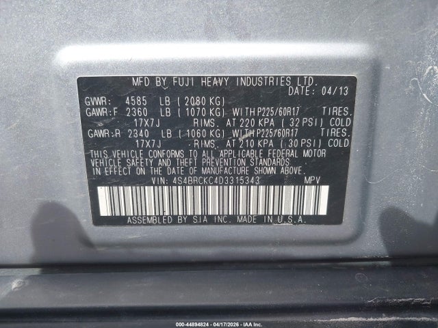 Продаж на аукціоні авто 2013 Subaru Outback 2.5i Limited, vin: 4S4BRCKC4D3315343, номер лоту: 44894824