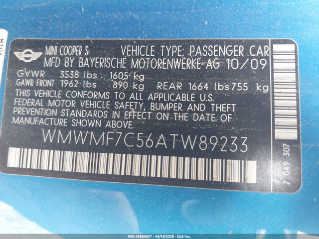 2010 MINI COOPER S WMWMF7C56ATW89233 Photo 8