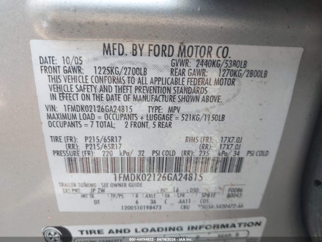 Продажа на аукционе авто 2006 Ford Freestyle Sel, vin: 1FMDK02126GA24815, номер лота: 44894832