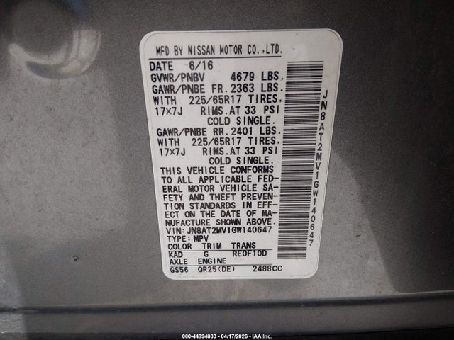 2016 Nissan Rogue Sv მანქანა იყიდება აუქციონზე, vin: JN8AT2MV1GW140647, აუქციონის ნომერი: 44894833