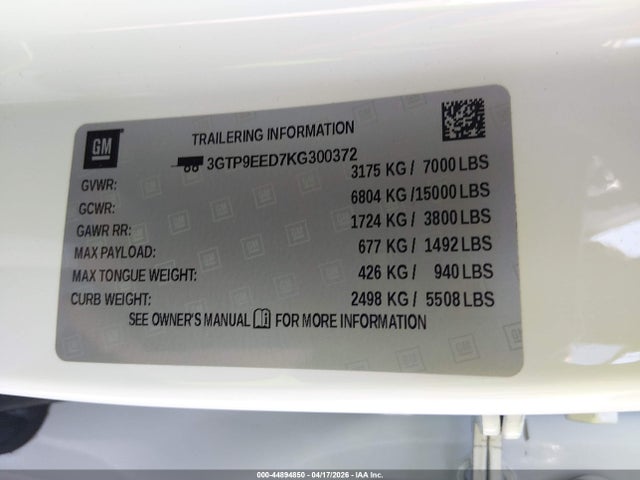 44894850 :رقم المزاد ، 3GTP9EED7KG300372 vin ، 2019 Gmc Sierra 1500 At4 مزاد بيع