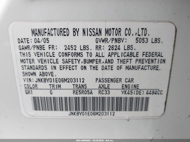 44894855 :رقم المزاد ، JNKBY01E06M203112 vin ، 2006 Infiniti M45 مزاد بيع