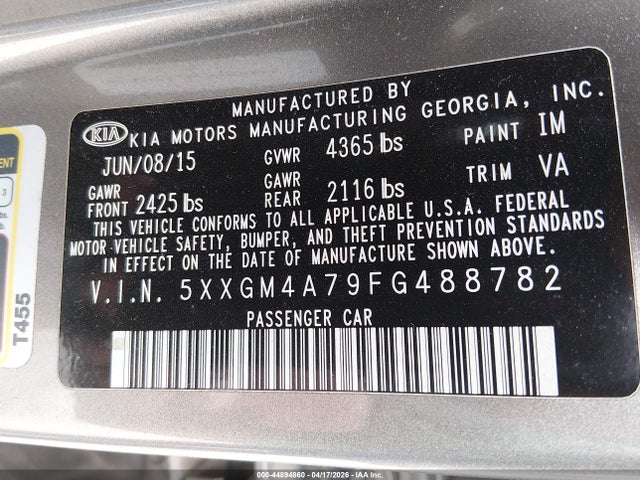 44894860 :رقم المزاد ، 5XXGM4A79FG488782 vin ، 2015 Kia Optima Lx مزاد بيع