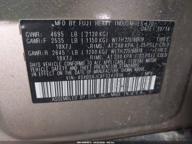Aukcja sprzedaży 2015 Subaru Outback 2.5i Limited, vin: 4S4BSAJC8F3243916, numer aukcji: 44894875