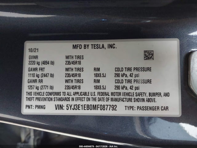 Auction sale of the 2021 Tesla Model 3 Long Range Dual Motor All-wheel Drive, vin: 5YJ3E1EB0MF087792, lot number: 44894879
