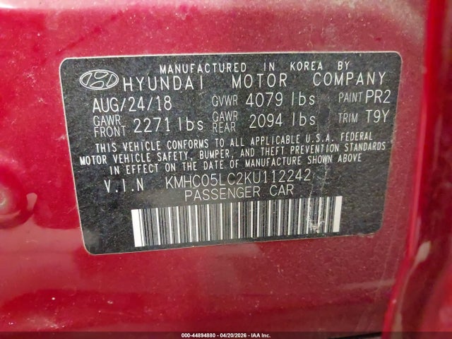 2019 Hyundai Ioniq Hybrid Limited მანქანა იყიდება აუქციონზე, vin: KMHC05LC2KU112242, აუქციონის ნომერი: 44894880