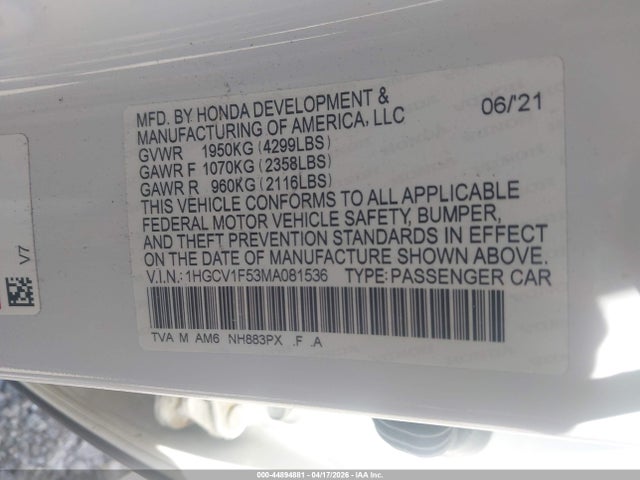 Aukcja sprzedaży 2021 Honda Accord Ex-l, vin: 1HGCV1F53MA081536, numer aukcji: 44894881
