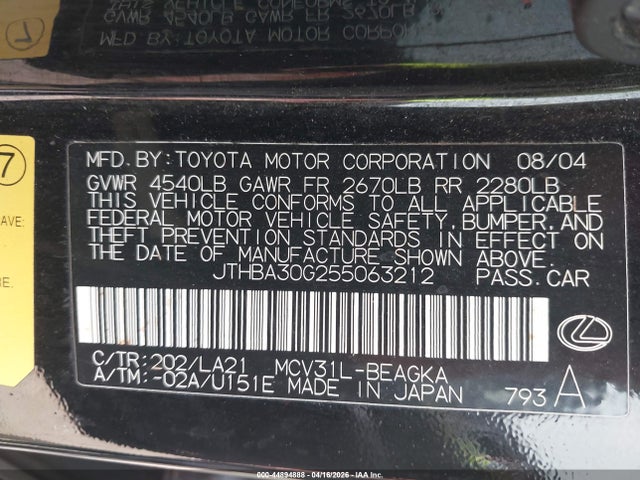 Aukcja sprzedaży 2005 Lexus Es 330, vin: JTHBA30G255063212, numer aukcji: 44894888