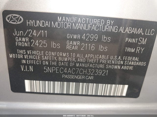 44894913 :رقم المزاد ، 5NPEC4AC7CH323921 vin ، 2012 Hyundai Sonata Limited مزاد بيع