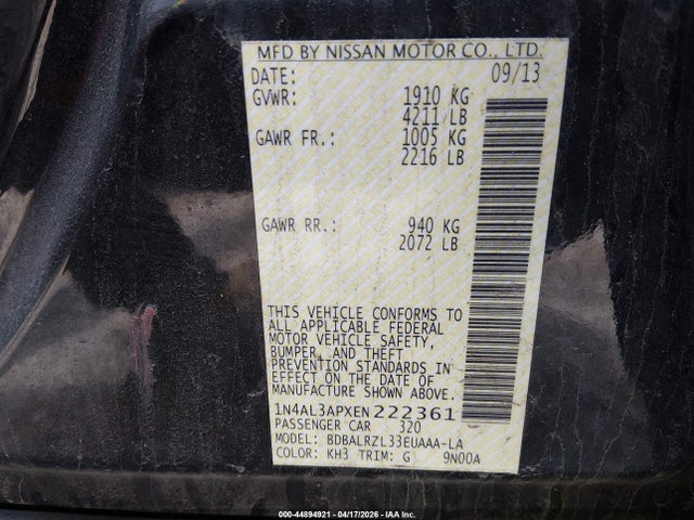 Продажа на аукционе авто 2014 Nissan Altima 2.5 S, vin: 1N4AL3APXEN222361, номер лота: 44894921