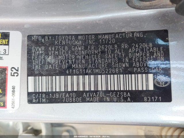 Продаж на аукціоні авто 2021 Toyota Camry Se, vin: 4T1G11AK1MU522681, номер лоту: 44894925
