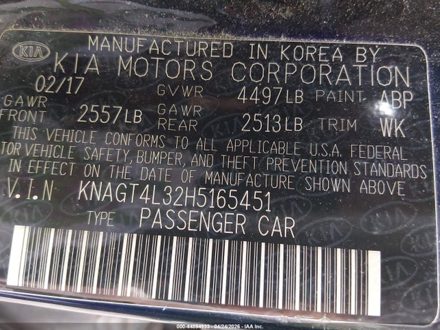 2017 Kia Optima Lx მანქანა იყიდება აუქციონზე, vin: KNAGT4L32H5165451, აუქციონის ნომერი: 44894933
