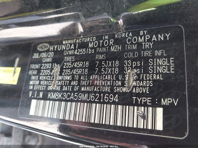 Aukcja sprzedaży 2021 Hyundai Kona Limited, vin: KM8K3CA59MU621694, numer aukcji: 44894944
