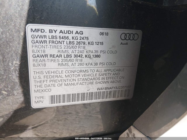 44894946 :رقم المزاد ، WA1BNAFY3J2207107 vin ، 2018 Audi Q5 2.0t Premium/2.0t Tech Premium مزاد بيع