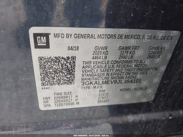Aukcja sprzedaży 2018 Gmc Terrain Sle, vin: 3GKALMEV9JL354101, numer aukcji: 44894965