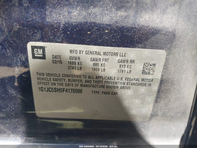 44894966 :رقم المزاد ، 1G1JC5SH5F4178086 vin ، 2015 Chevrolet Sonic Lt Auto مزاد بيع