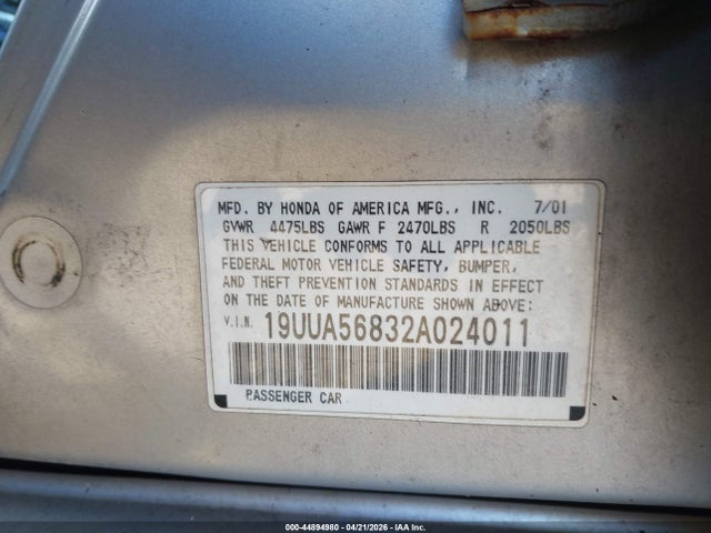 44894980 :رقم المزاد ، 19UUA56832A024011 vin ، 2002 Acura 3.2tl Type-s مزاد بيع