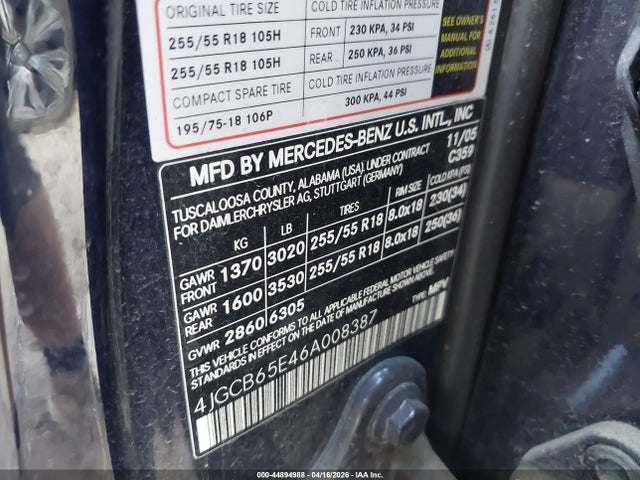 44894988 :رقم المزاد ، 4JGCB65E46A008387 vin ، 2006 Mercedes-benz R 350 4matic مزاد بيع