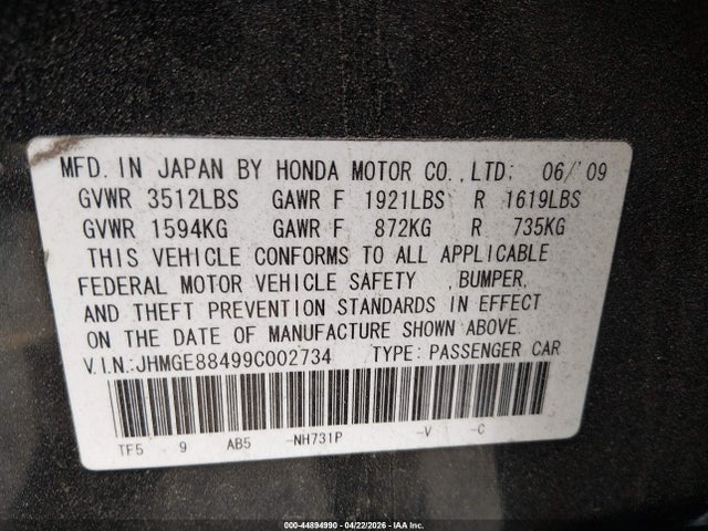 Aukcja sprzedaży 2009 Honda Fit Sport, vin: JHMGE88499C002734, numer aukcji: 44894990