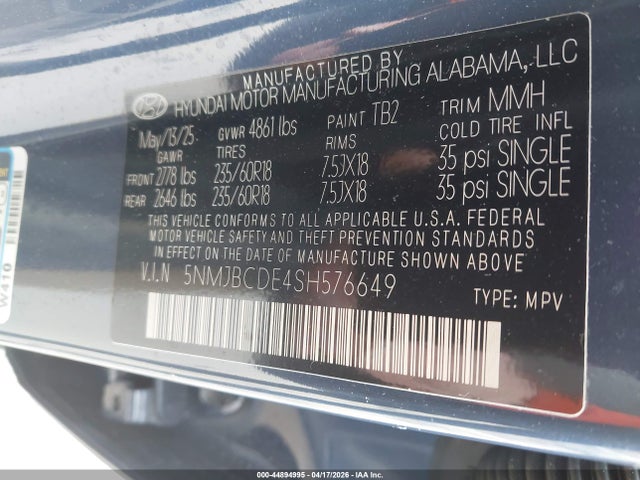 44894995 :رقم المزاد ، 5NMJBCDE4SH576649 vin ، 2025 Hyundai Tucson Sel مزاد بيع