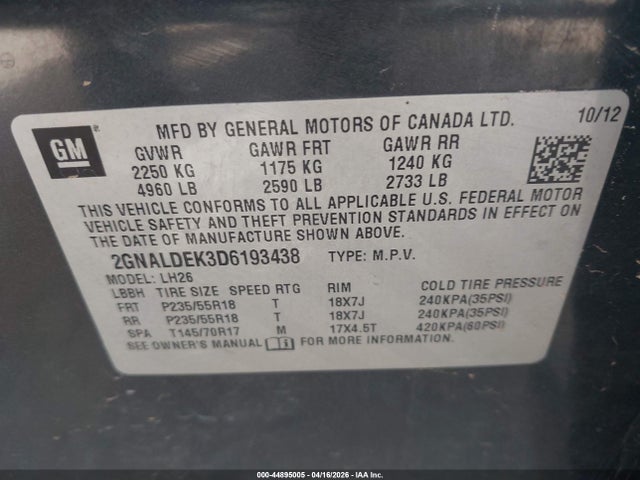 Aukcja sprzedaży 2013 Chevrolet Equinox 1lt, vin: 2GNALDEK3D6193438, numer aukcji: 44895005