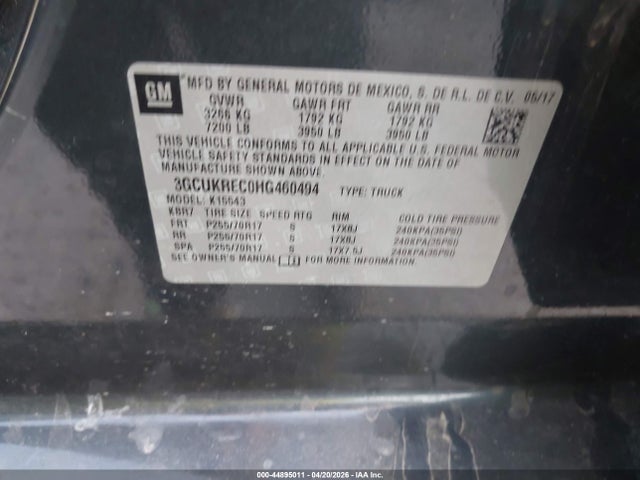 Продажа на аукционе авто 2017 Chevrolet Silverado 1500 1lt, vin: 3GCUKREC0HG460494, номер лота: 44895011