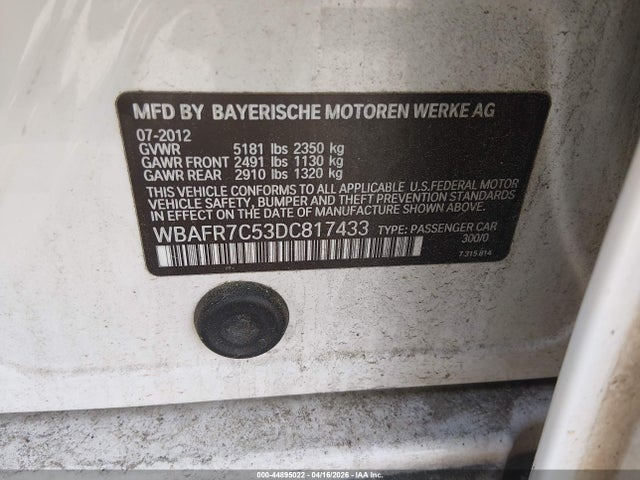 Продажа на аукционе авто 2013 Bmw 535i, vin: WBAFR7C53DC817433, номер лота: 44895022