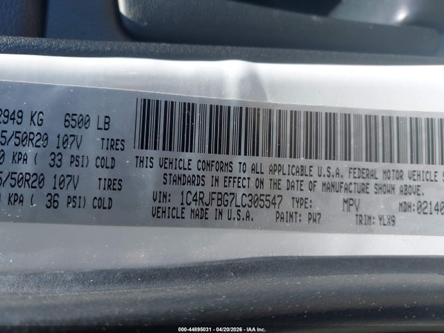 Продаж на аукціоні авто 2020 Jeep Grand Cherokee Limited X 4x4, vin: 1C4RJFBG7LC305547, номер лоту: 44895031