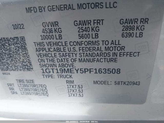 Aukcja sprzedaży 2023 Gmc Sierra 2500hd 4wd  Long Bed Sle, vin: 1GT19MEY5PF163508, numer aukcji: 44895032