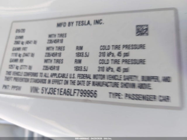 Aukcja sprzedaży 2020 Tesla Model 3 Standard Range Plus Rear-wheel Drive/standard Range Rear-wheel Drive, vin: 5YJ3E1EA6LF799956, numer aukcji: 44895042