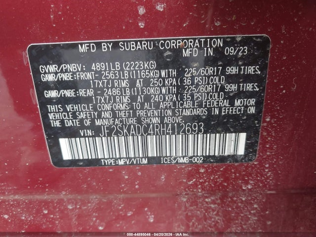 Продаж на аукціоні авто 2024 Subaru Forester Premium, vin: JF2SKADC4RH412693, номер лоту: 44895046