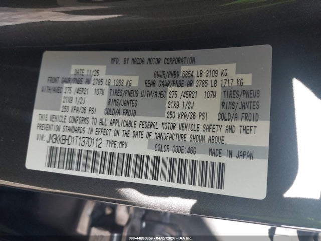 44895059 :رقم المزاد ، JM3KKBHD1T1370112 vin ، 2026 Mazda Cx-90 3.3 Turbo Preferred مزاد بيع