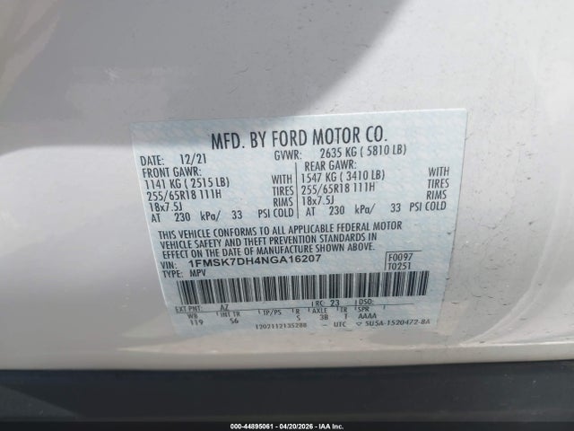 Aukcja sprzedaży 2022 Ford Explorer Xlt, vin: 1FMSK7DH4NGA16207, numer aukcji: 44895061