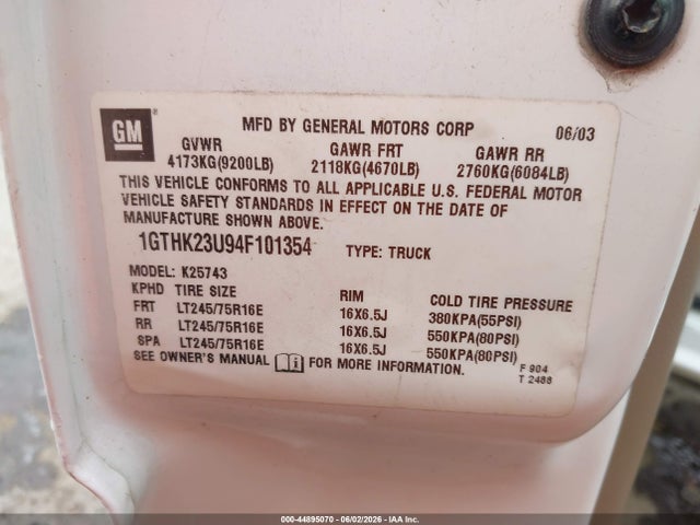 Aukcja sprzedaży 2004 Gmc Sierra 2500hd Sle, vin: 1GTHK23U94F101354, numer aukcji: 44895070