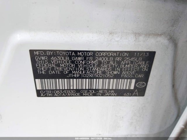 Aukcja sprzedaży 2014 Lexus Is 250, vin: JTHBF1D2XE5021052, numer aukcji: 44895084
