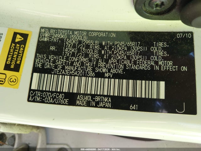 2010 TOYOTA HIGHLANDER JTEZA3EH5A2011386 Photo 8