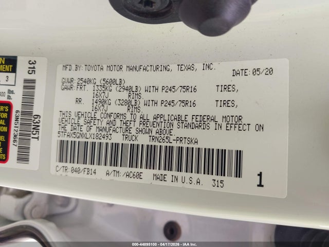 44895100 :رقم المزاد ، 5TFAX5GNXLX182493 vin ، 2020 Toyota Tacoma Sr مزاد بيع